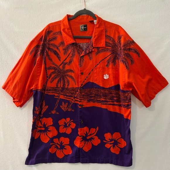 Chiliwear Mens Orange Purple Palm Tree Hibiscus Hawaiian Button Up Shirt XXL - Picture 2 of 8